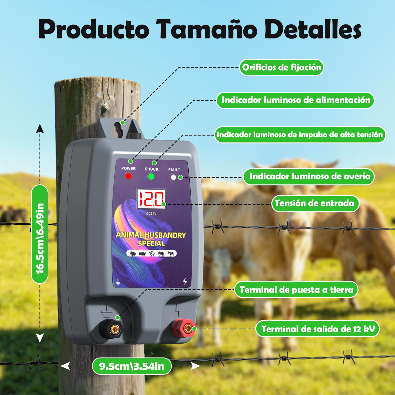 10KM Cerca Eléctrica para Animales, 12kV 2.0J Electrificador de Cerca Eléctrica de Alta Potencia para Protección de Ovejas, Caballos, Jardín, Pastos y Granja (Gris)