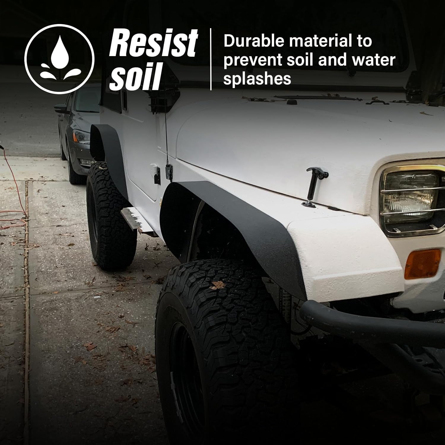 for YJ Off-Road Flat Front and Rear Fender Flares Compatible with 1987 1988 1989 1990 1991 1992 1993 1994 1995 1996 Jeep Wrangler YJ, Heavy Duty Steel Wheel Fender Mud Guard Kit (4 PCS, Black)