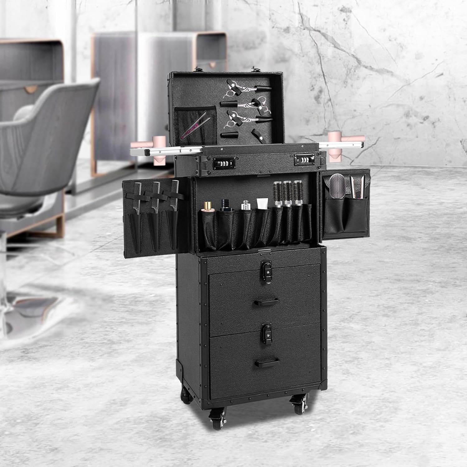 Professional Rolling Makeup Train Case, 3 in 1 Aluminum Makeup Travel Organizer, Makeup Travel Case with Wheels (Two with Brakes), Barber Case Traveling Cart Trunk, Black