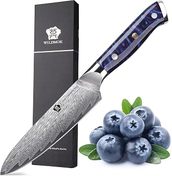 WILDMOK Kitchen Utility Knife, 5 Inch Damascus Japan VG-10 Steel Kitchen Utility Knife, Sharp Kitchen Cooking Knife, Ergonomic Color resin handle Luxury Gift Box