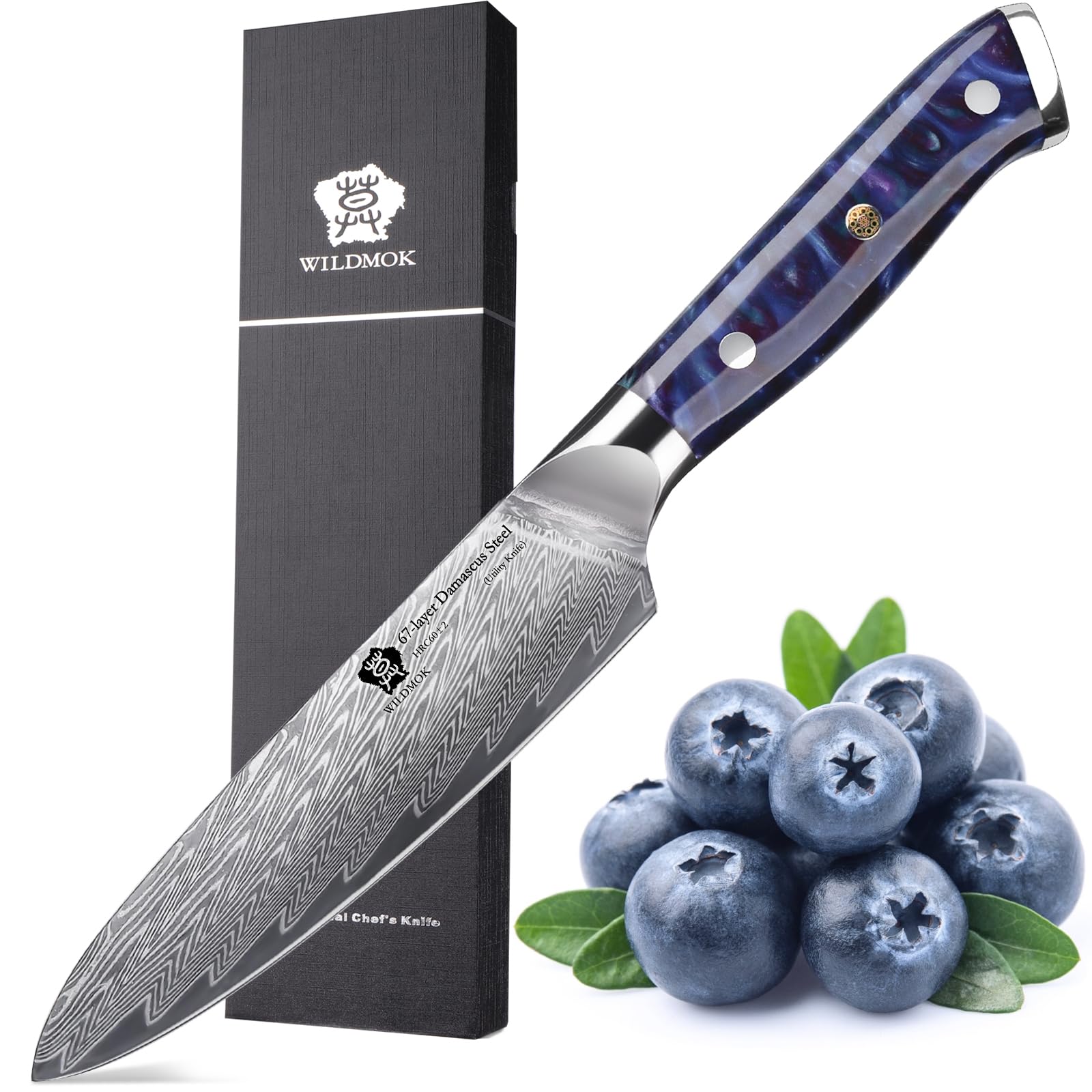 WILDMOK Kitchen Utility Knife, 5" Damascus Japan VG-10 Steel Kitchen Utility Knife, Sharp Kitchen Cooking Knife, Ergonomic Colourful resin handle Luxury Gift Box