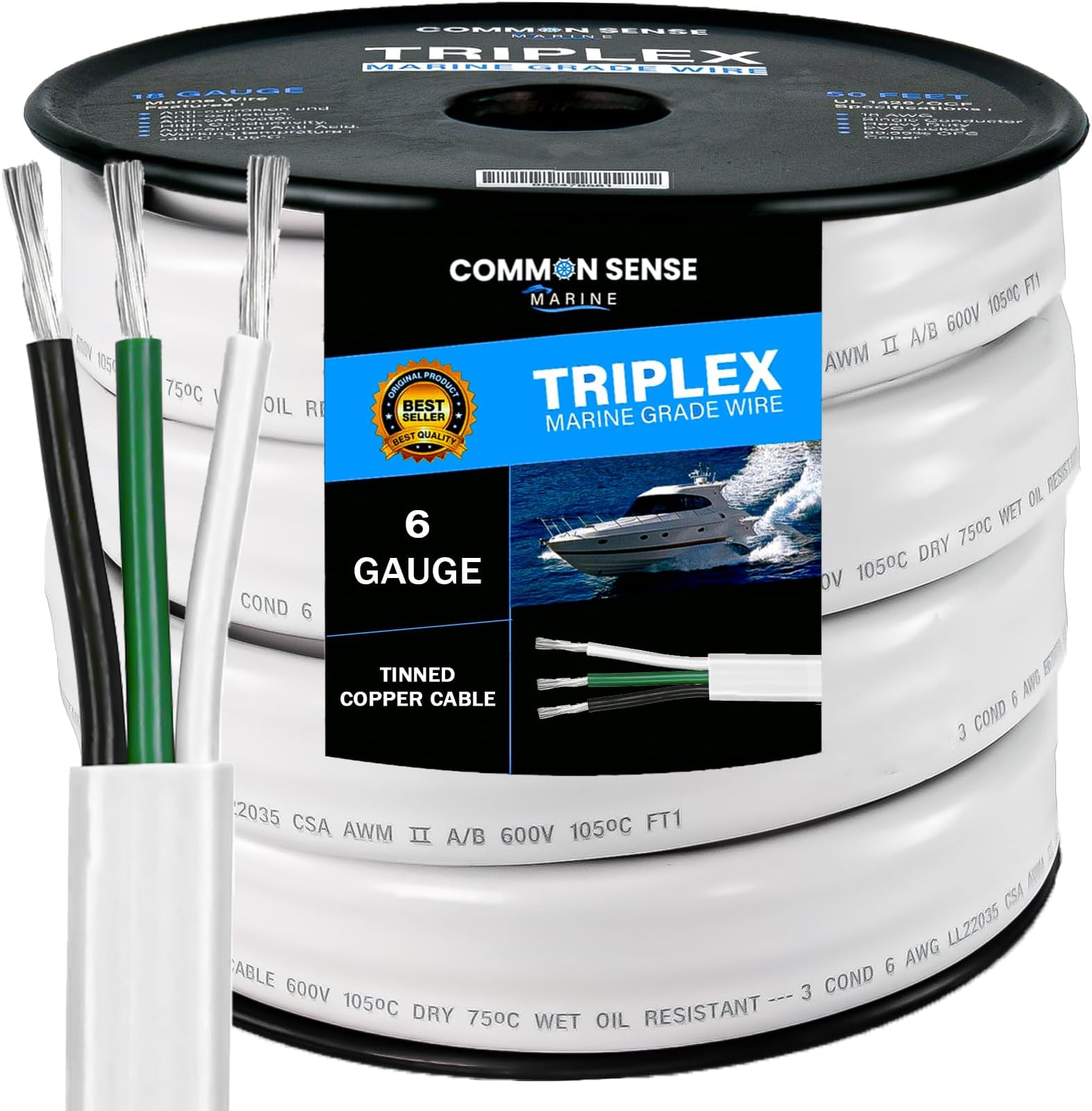 6/3 AWG UL 1426 (The Real Thing) Triplex Flat Marine Wire - Tinned Copper Boat Cable - 45 Feet - White PVC Jacket