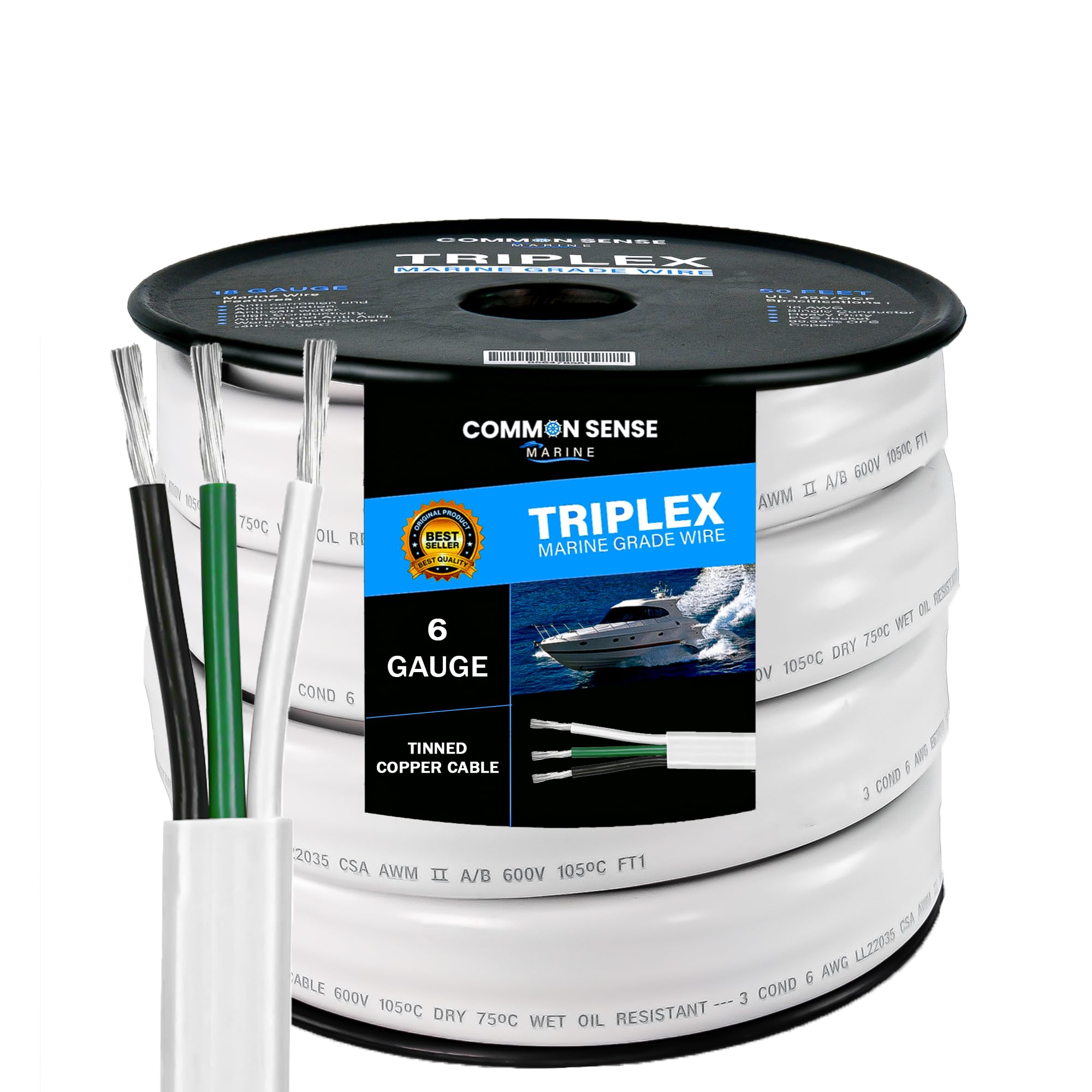 6/3 AWG UL 1426 (The Real Thing) Triplex Flat Marine Wire - Tinned Copper Boat Cable - 45 Feet - White PVC Jacket