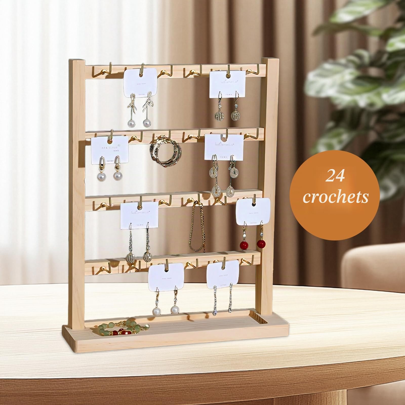 Présentoir de Bijoux, Présentoir à Bijoux en Bois à 4 Niveau Présentoir à Bijoux avec 24pcs Crochets Base en Bois pour Cartes de Boucles d'oreilles Bracelets