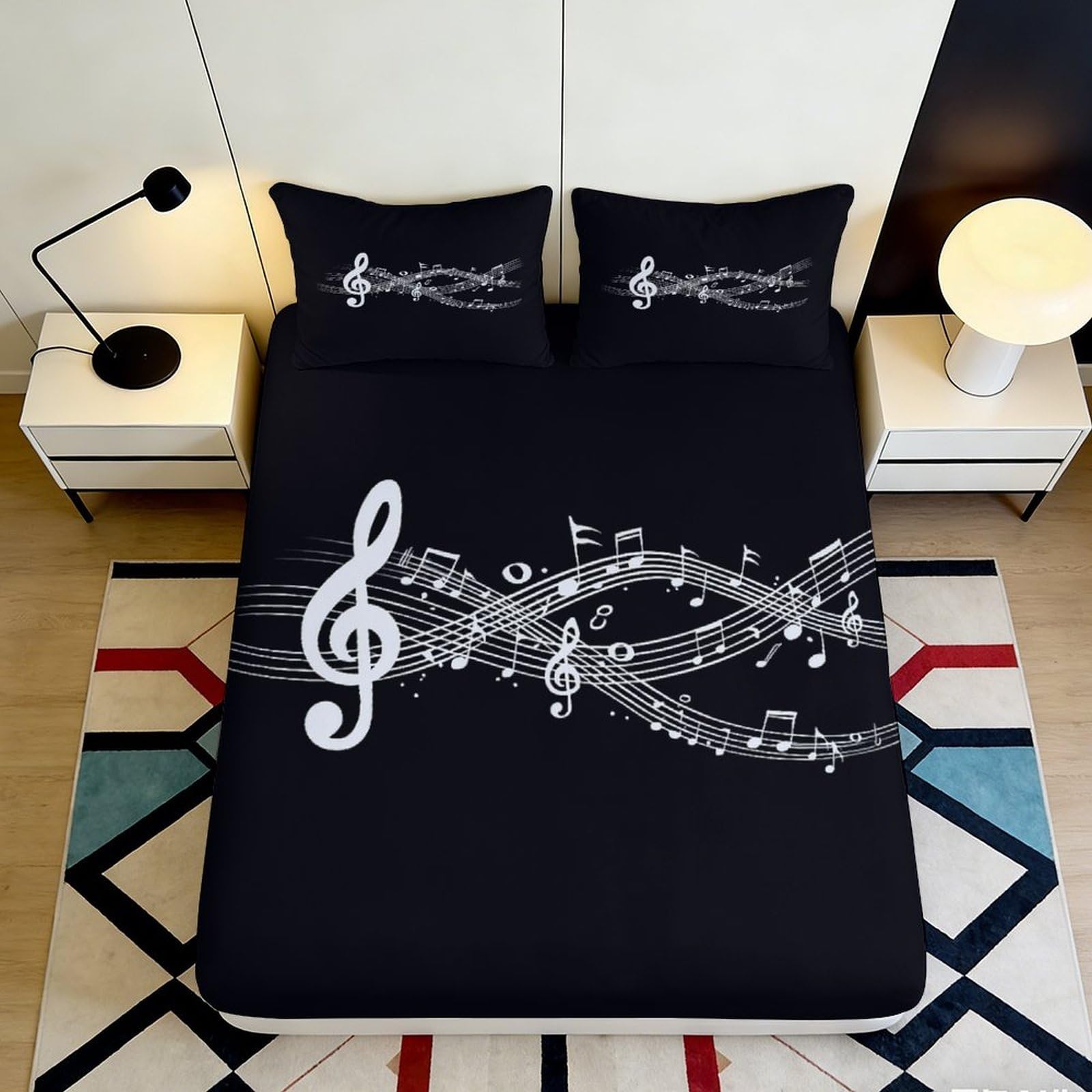 3D Printed Music Note Fitted Sheet Microfiber Black Musical Symbol Bed Cover Anti-Slip Easy Care for Bedroom Dorm Home Decor 90x200x25cm