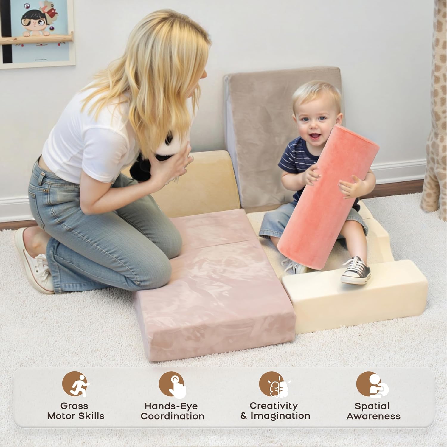 BanaSuper 5-Piece Climbing Toys for Toddlers, Kids Foam Blocks Playset with Cylinder, Foldable Design, Toddler Indoor Soft Play Gym Activity Play Set for Crawling and Active Play(Pink, Yellow)