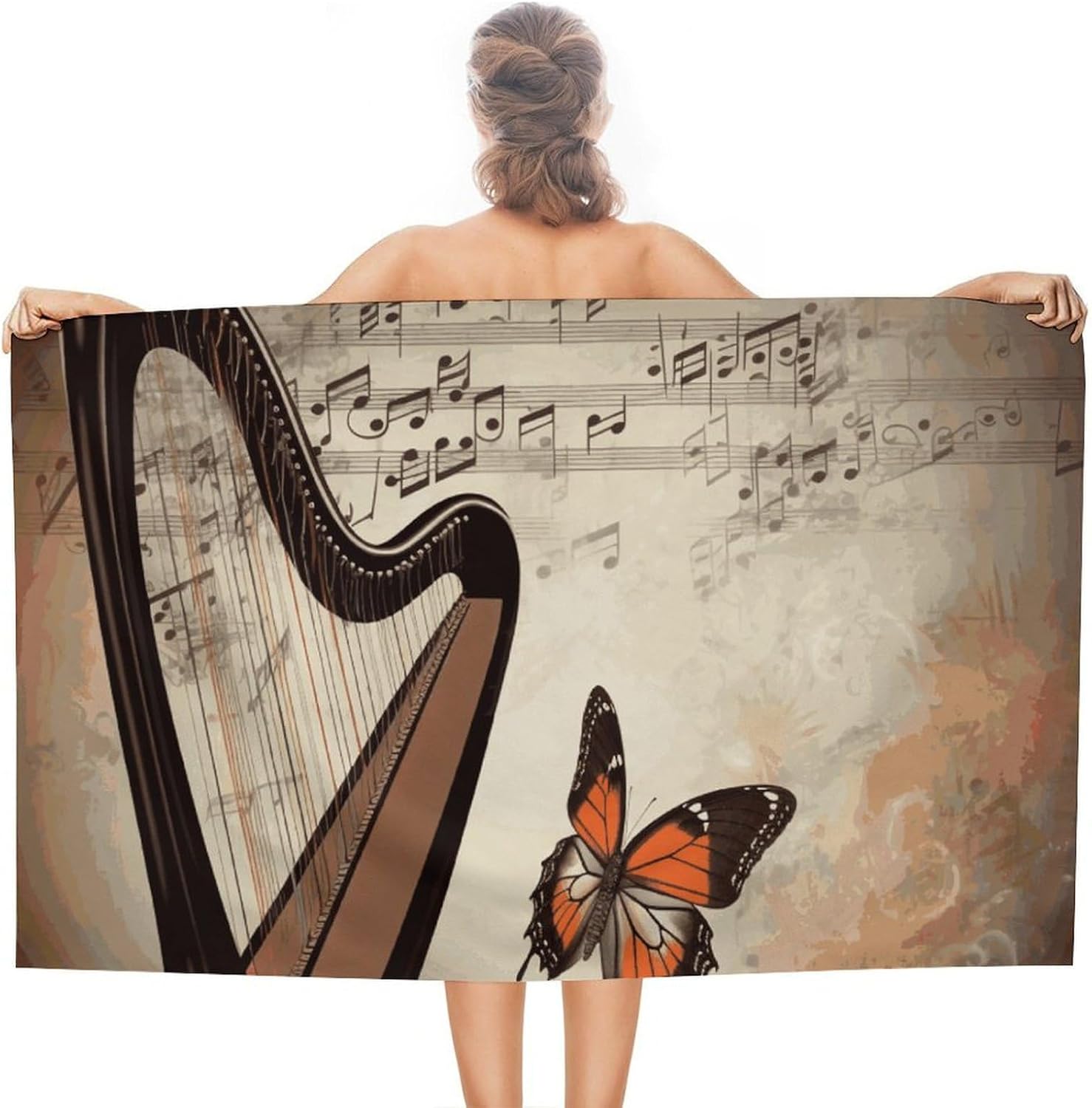 Music Background with Harp and ButterflyMicrofiber Lightweight Beach Towel Sand Free Pool Towels Quick Dry Absorbent Thin Compact Towels for Swimming Pool Camping Beach Accessories