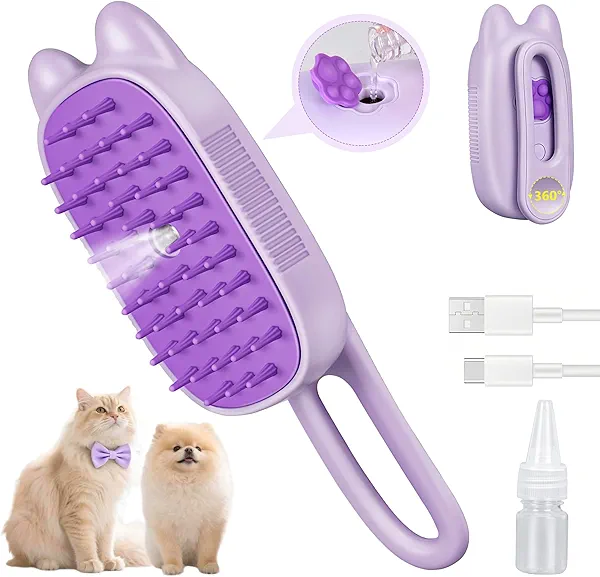 Rechargeable Cat Steam Brush with Mist Spray, 3-in-1 Pet Steam Brush for Long and Short Haired Cats and Small Dogs, Anti-Static, De-Shedding, Detangling, Massage, Purple Cat Design