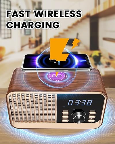 Miniatura 5 de MONODEAL Radio despertador con carga inalámbrica rápida, compatible con Bluetooth 5.3radio FMpuerto USBtarjeta TFentrada auxiliar, altavoz de sonido