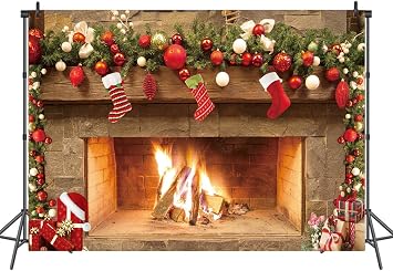 Christmas Fireplace Backdrop 7x5ft Festive Holiday Mantel Scene with Stockings, Ornaments & Fire Warm Cozy Xmas Decoration Banner for Winter Party Photo Booth 109