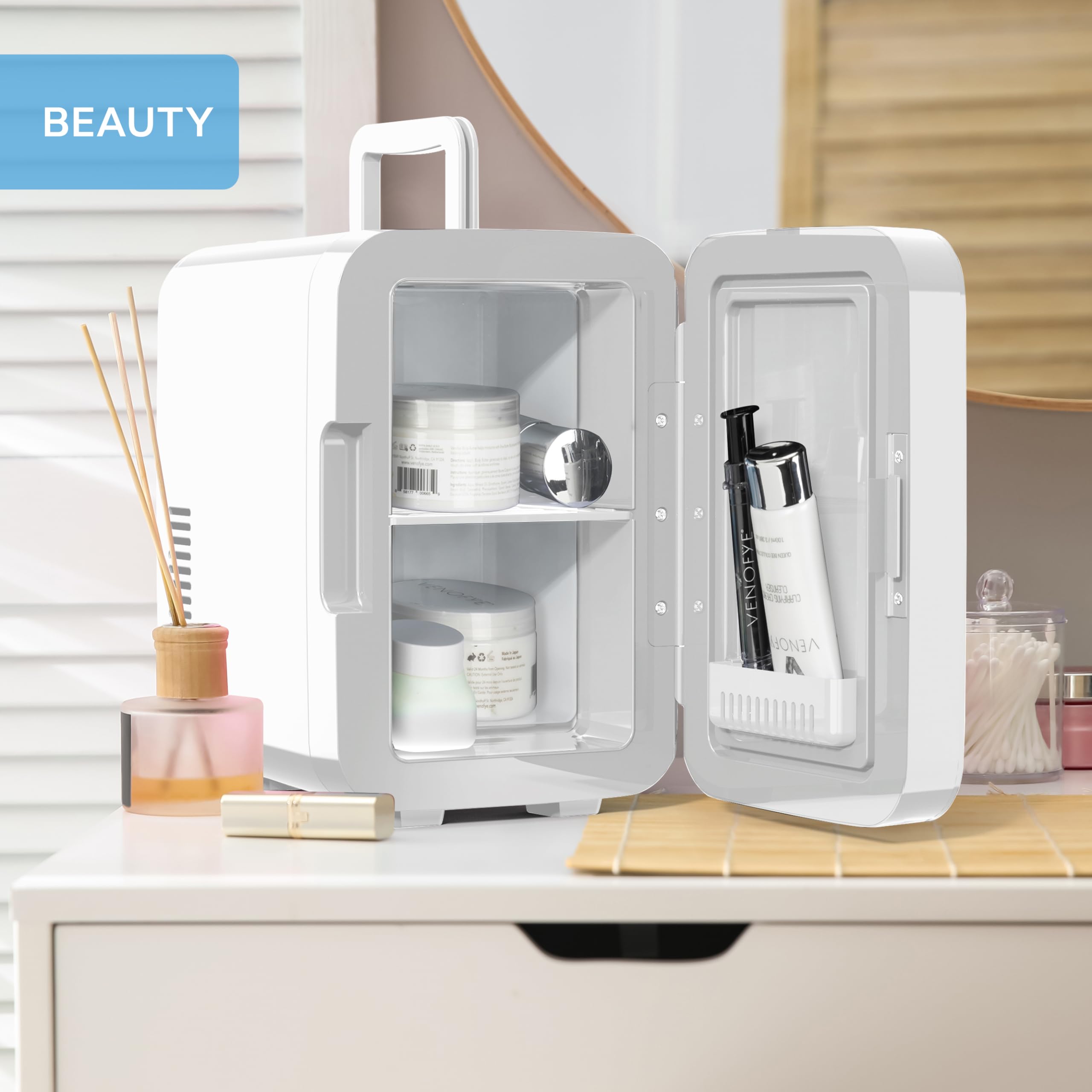 Body Escape Mini Fridge For Skincare & Make-Up - Glass Door Beauty Mini Fridges - Birthday Gifts For Her Skin Care - Portable, Compact, Small & Quiet Skincare Fridge For Makeup - 6L White