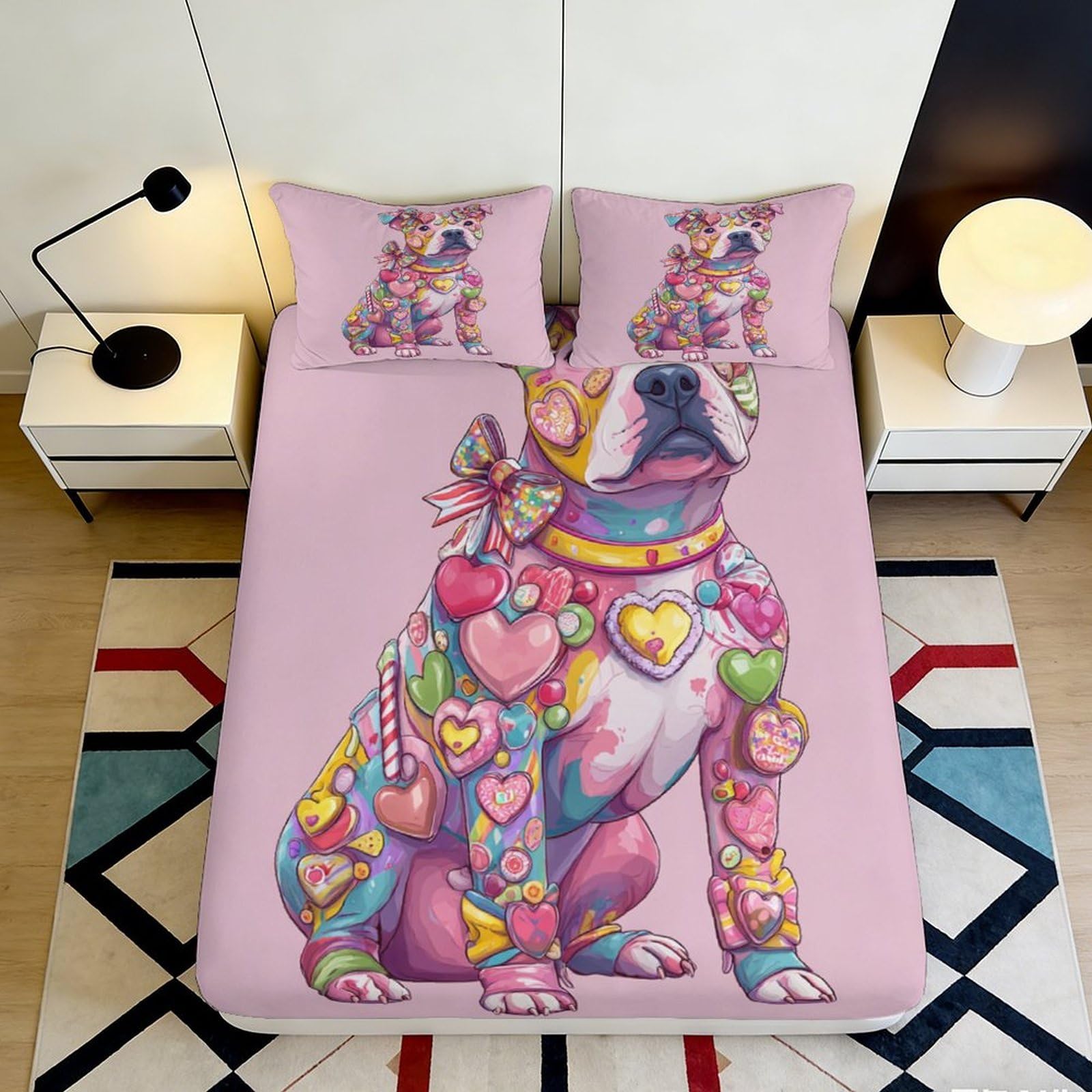Pnayamiorkfel Style-10 3D Printed Candy Heart Dog Fitted Sheet Microfiber Bedroom Decor Colourful Bed Cover For All Ages 90X200x25cm