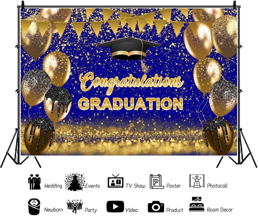 OERJU Graduation Backdrop Class of 2026 Congrats Grad Backdrop Banner Royal Blue and Gold Glitter Bachelor Cap Balloon Congratulations Graduation Party Decoration Photo Studio Background 10x7ft