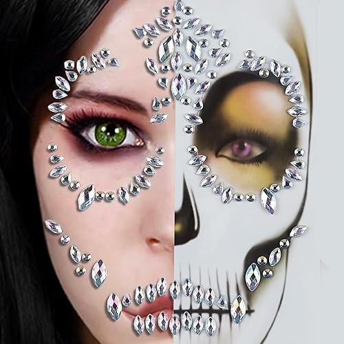 Miniatura 1 de Calcomanía para el Día de los Muertos, diseño de calavera y gemas, color blanco, para Halloween, para mujeres y niñas, calcomanías de esqueleto para