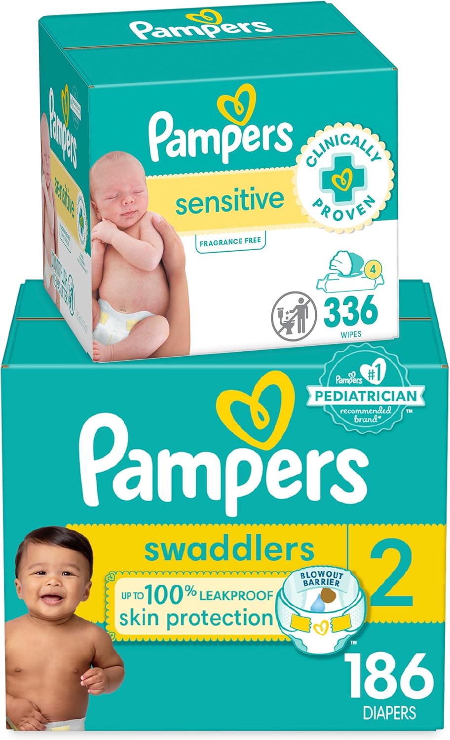 Diapers Size 2, 186 Count and Baby Wipes – Pampers Swaddlers Disposable Baby Diapers and Water Baby Wipes Sensitive Pop-Top Packs, 336 Count (Packaging May Vary)