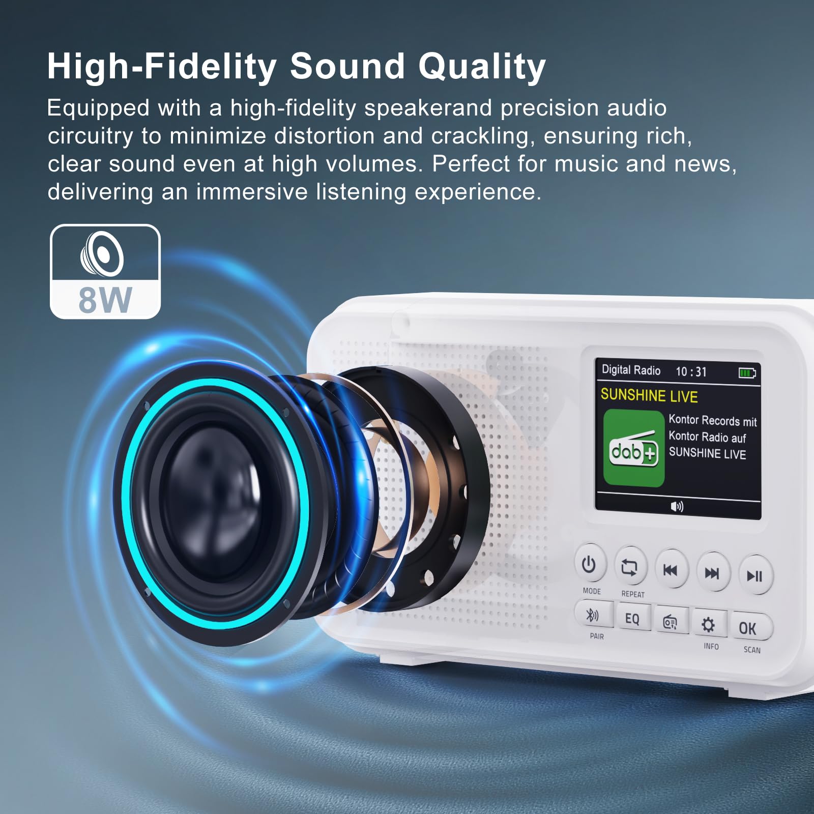 ROCAM Portable DAB/DAB+/FM Radio 3000mAH Rechargeable Battery & Mains Powered, 2.4" Digital DAB Radio with Bluetooth 5.0 & Hi-Fi Speaker, 40 Presets Stations, TF Card Support, Dual Alarms, EQ Modes - 5