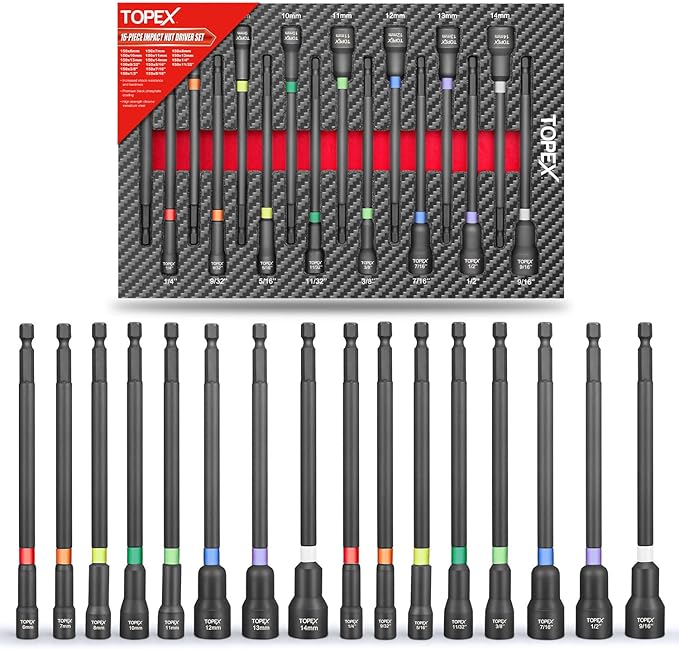 TOPEX 16Pcs Magnetic Impact Nut Driver Set Socket Extension