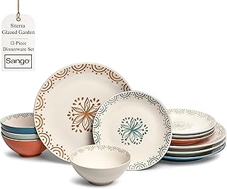 Sango 12-Piece Speckled Stoneware Dinnerware Set for 4- Glossy Plates and Bowls Set with Hand-Painted Floral Pattern, Rustic Ceramic Dish Set, Elegant Dishes for Everyday Dining, Siterra Glazed Garden