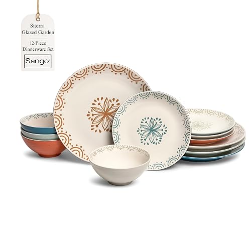 Sango 12-Piece Speckled Stoneware Dinnerware Set for 4- Glossy Plates