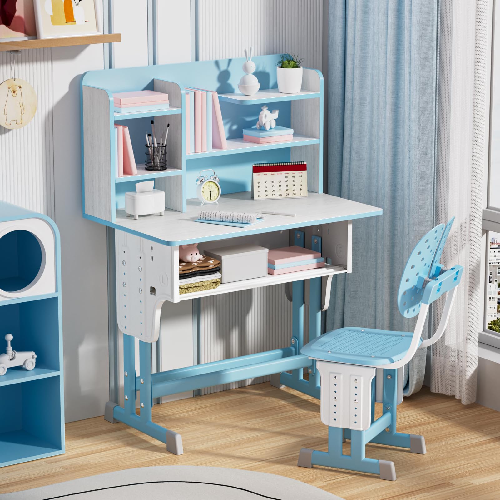 JENPECH Kids Table and Chair Set, Adjustable Height Kids Desk with Storage and Drawers Girls Desk Pink Writing Reading Drawing Six Partition Book