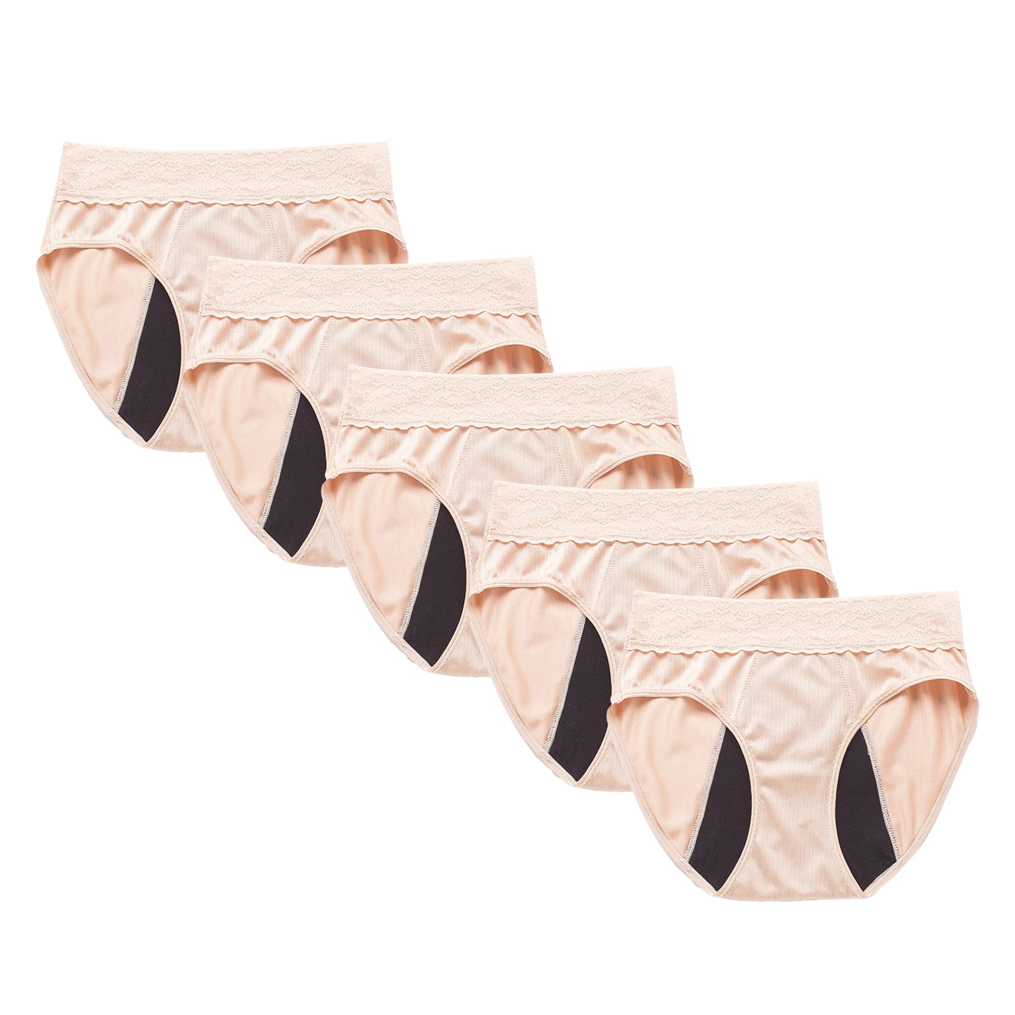 Calzoncillos fisiológicos de encaje de cuatro capas para mujer, cintura alta, transpirable, sexy, ropa interior cómoda y suave (albaricoque, 5 piezas, L)