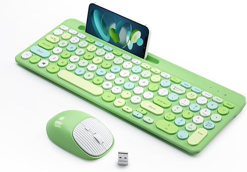 Retro Wireless Keyboard and Mouse Combo, Full-Size USB Keyboard with Round Keycaps, 2.4GHz Wireless for Desktop, Laptop and Computer Green-Colorful