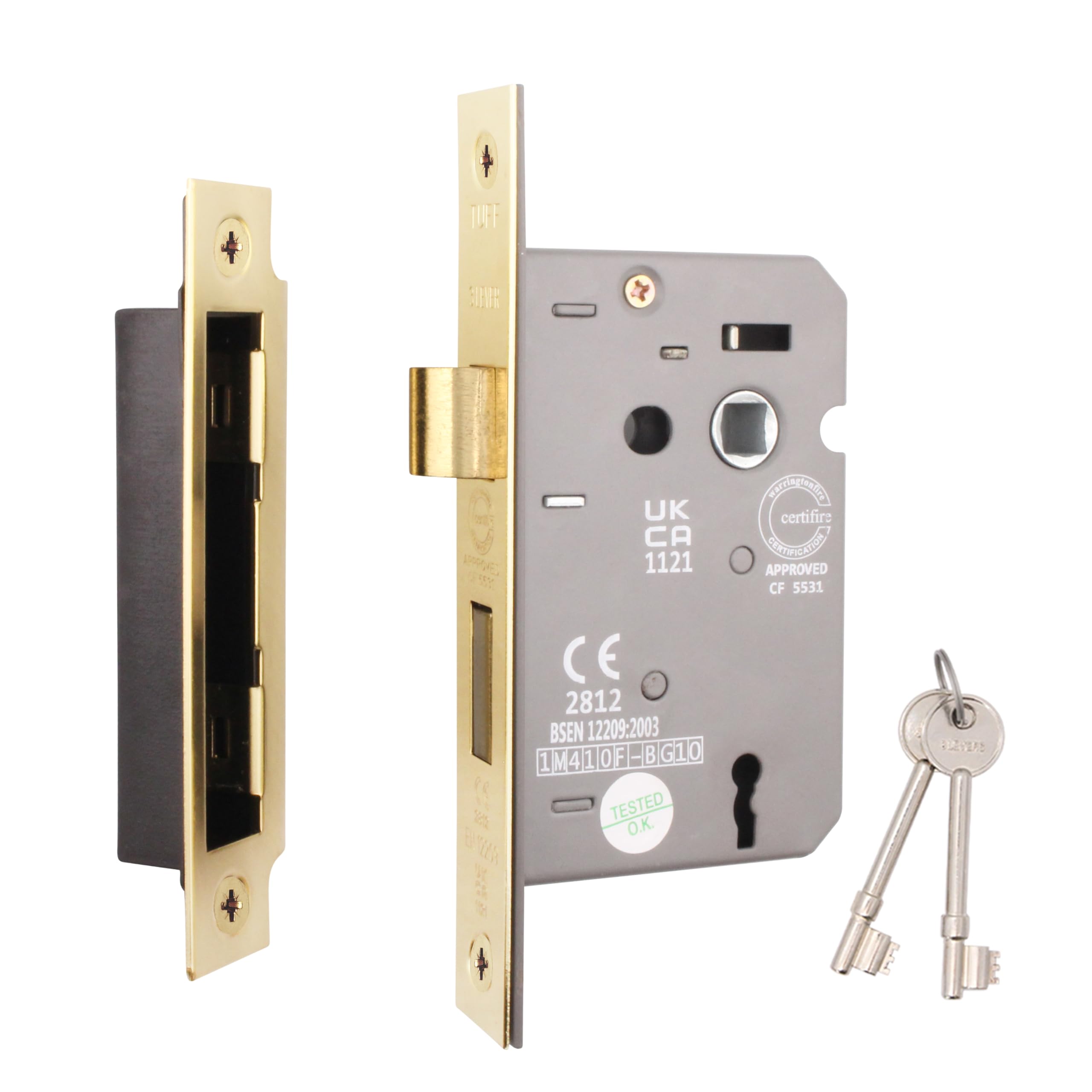 EAI Polished Brass Sashlock - Fire Rated & CE Approved Mortice Door Lock & Keys 80mm / 3 Inch