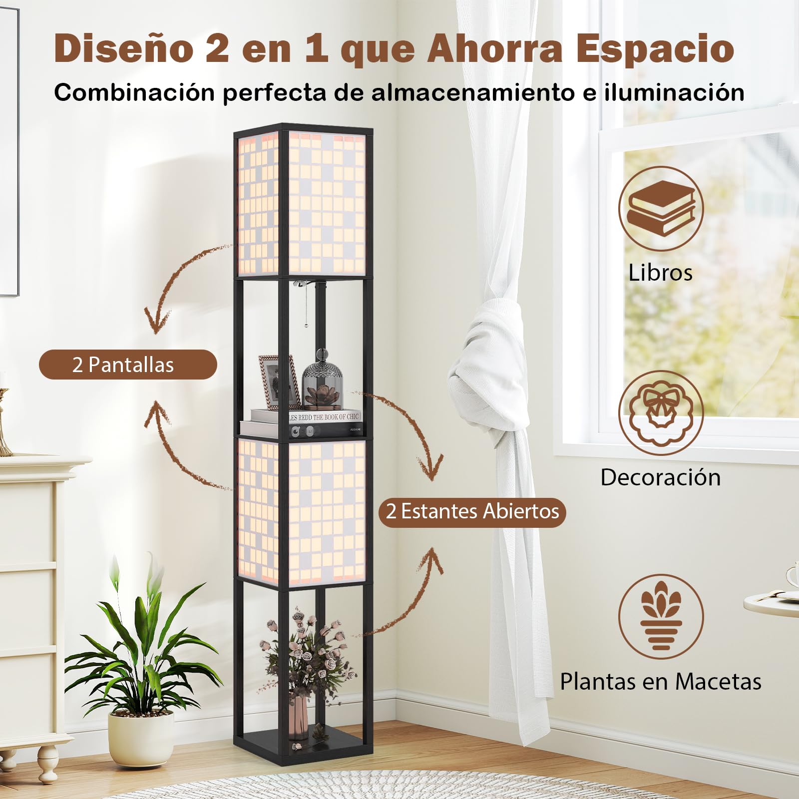 COSTWAY Lámpara de Pie con 2 Luces y Estantes, Lámpara de Madera con 2 Pantallas con Patrones Recortados, Lampara de Pie Salon, Dormitorio, Estudio y Oficina, Requiere Bombillas E27 (Diseño de cuadro)