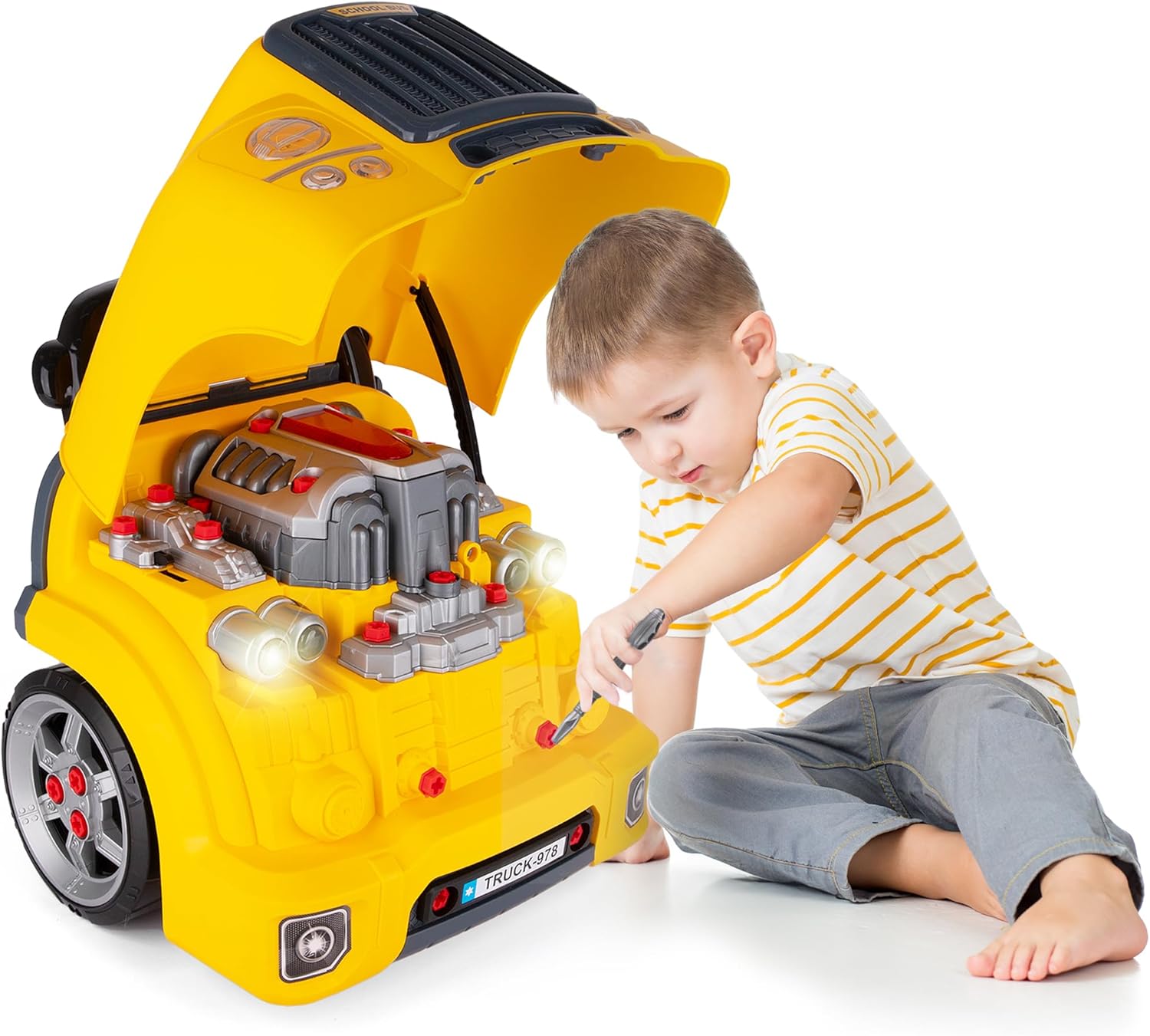 Car Engine Toy for Kids - Play School Bus Motor Mechanic Set for Kids - Complete Interactive Truck Engine with Tools, Nuts, Bolts - Take Apart Toy with Rotating Jack, Working Headlights, Car Alarm