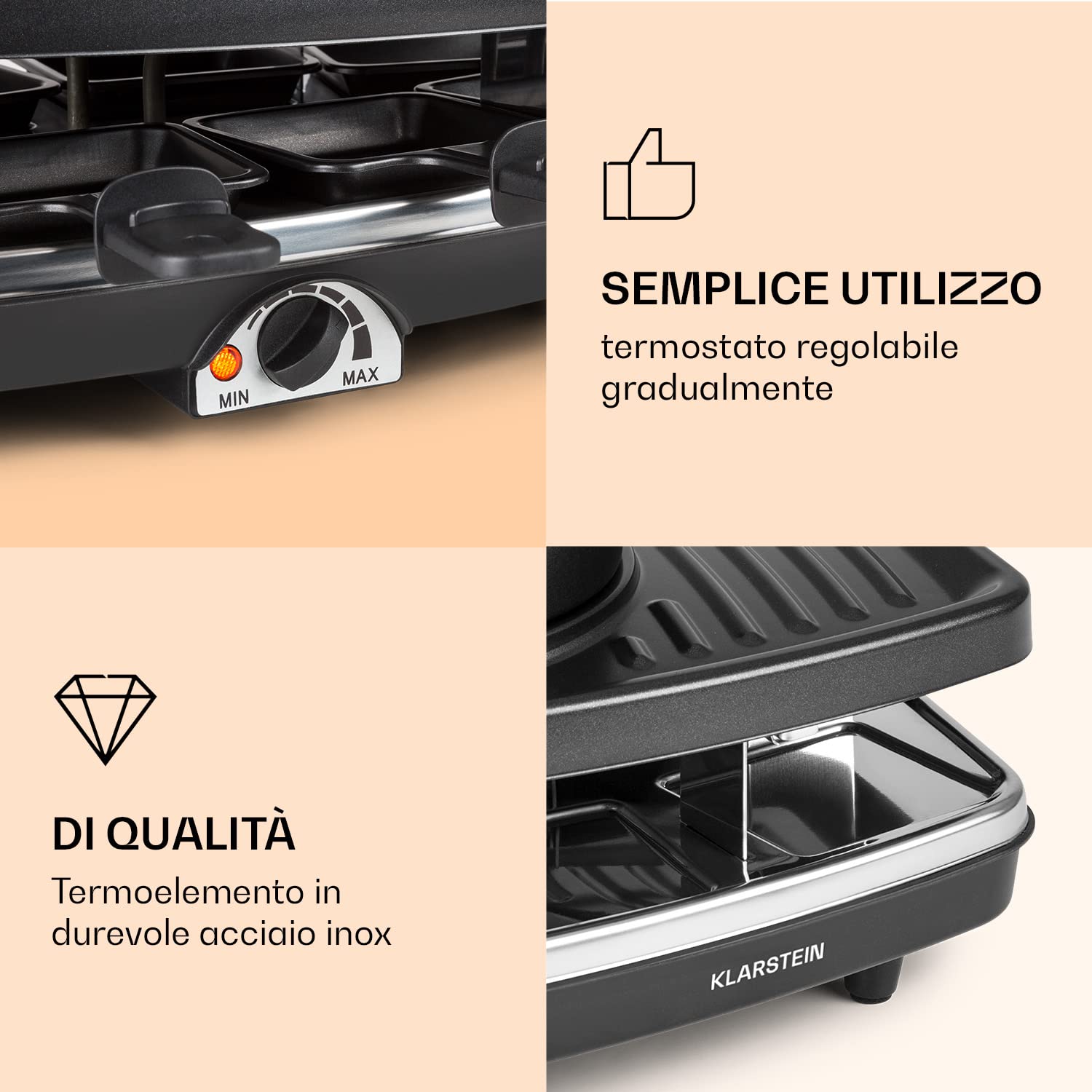 Klarstein 3-in-1 Griglia per Raclette e Set Fonduta Formaggio, Piastra Raclette Formaggio in Pietra Ollare 11W, Piastra Elettrica per Grigliare Carne e Formaggio con Pentole e Forchette per Fonduta