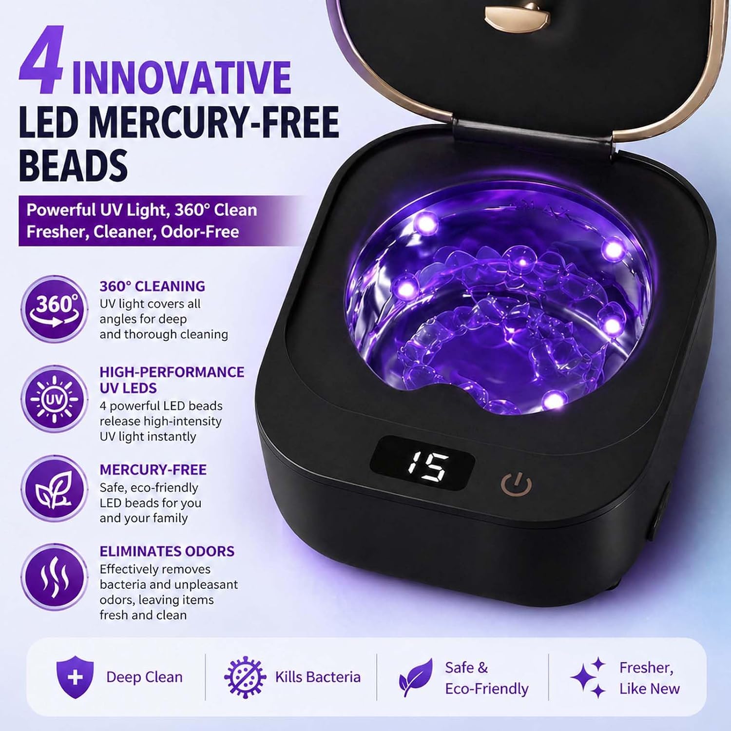 Ultrasonic Retainer Cleaner - 48kHz Retainer Cleaner Machine for Dentures, Mouth Guards, Aligner, Toothbrush Heads, Jewelry, 3 Modes Denture Cleaner with 250ml Dental Cleaning Pod