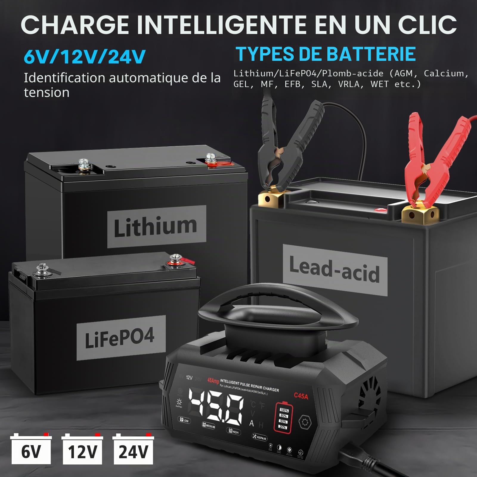 Haisito Chargeur de batterie de voiture 45 A 6 V/12 V/24 V avec écran LCD, entretien de la batterie, charge de maintien et désulfatation pour AGM, lithium, LiFePO4, plomb-acide (moto, camping-car
