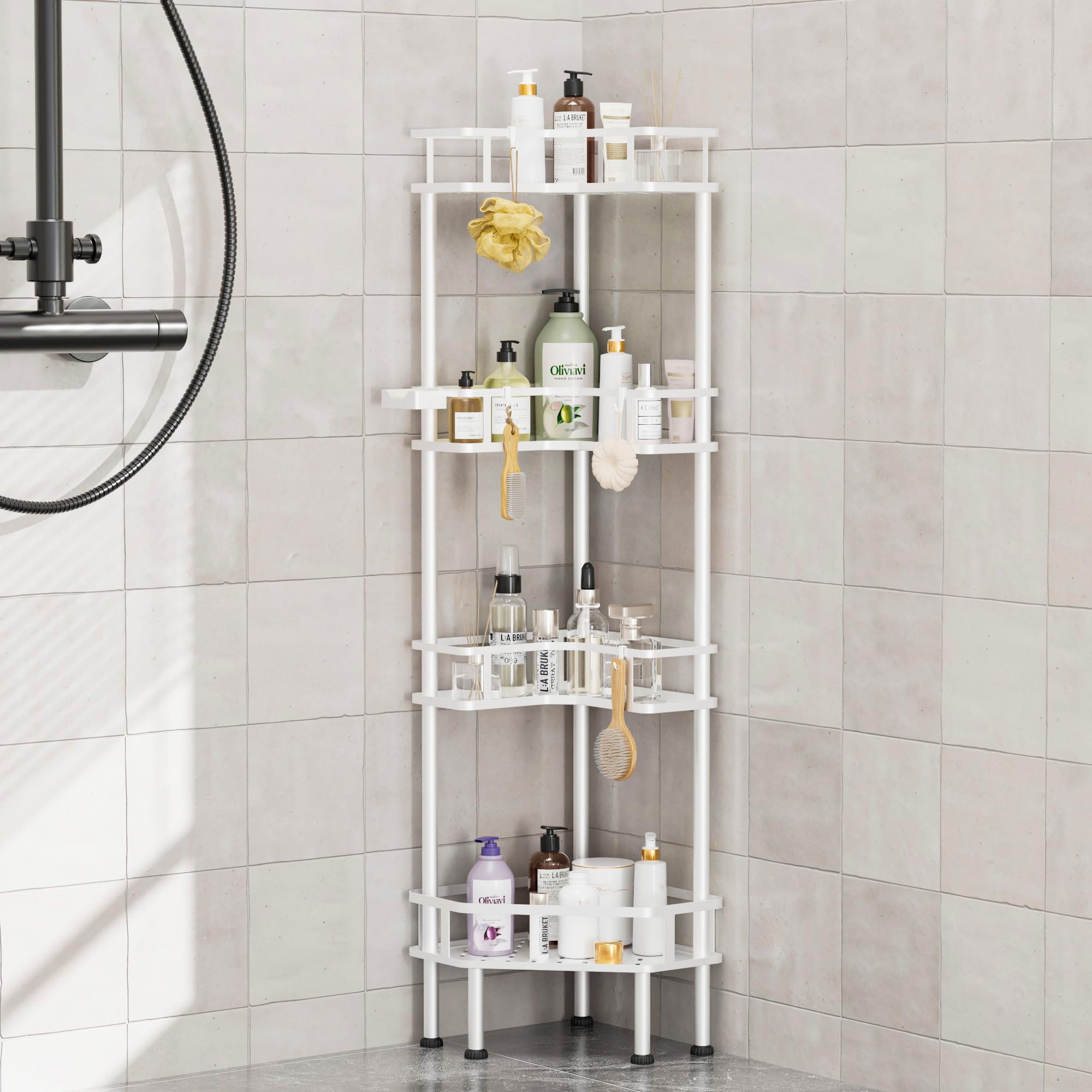 FJNATINH Corner Shower Caddy - 4 Tier Shower Organizer Corner Shelf Stand Stainless Steel Standing Tall Floor Shower