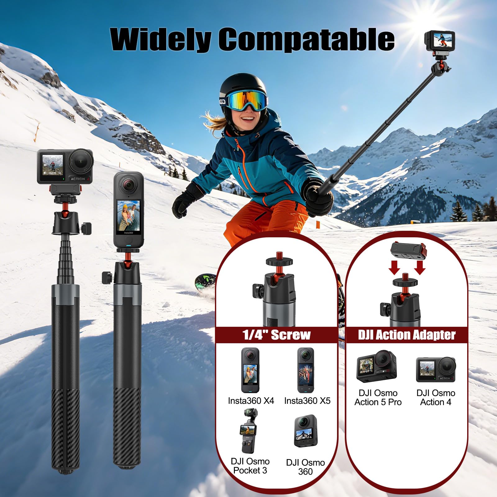 170cm Selfie Stick Stativ für DJI Osmo Pocket 4/3 DJI Action 5 Pro Insta360 | Action Cam 2-in-1 Reisestativ/Halterung/Hand Grip/Zubehör für Insta 360 X5 X4 X3 DJI Osmo Action 4