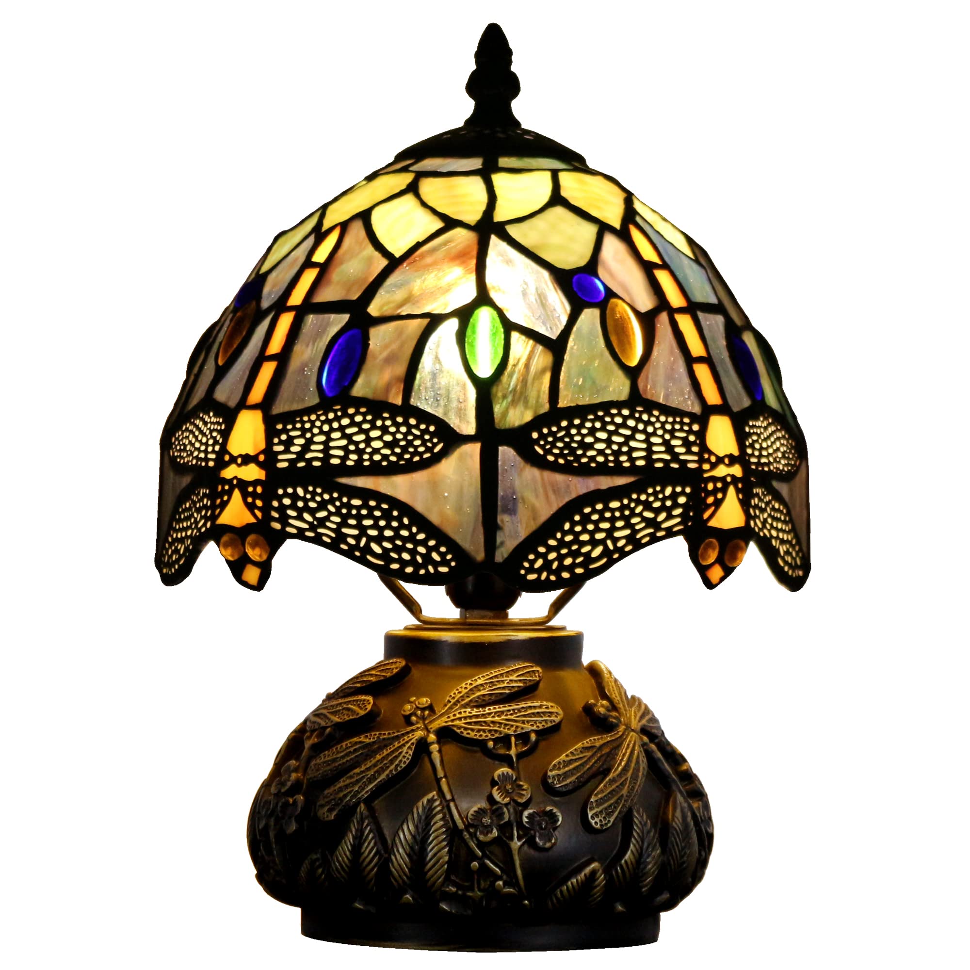 SYETL Small Tiffany Lamp Mini Stained Glass Table Lamp Brown Yellow Dragonfly Style Mushroom Desk Light Memory Sympathy Lamp 8X11 Inch
