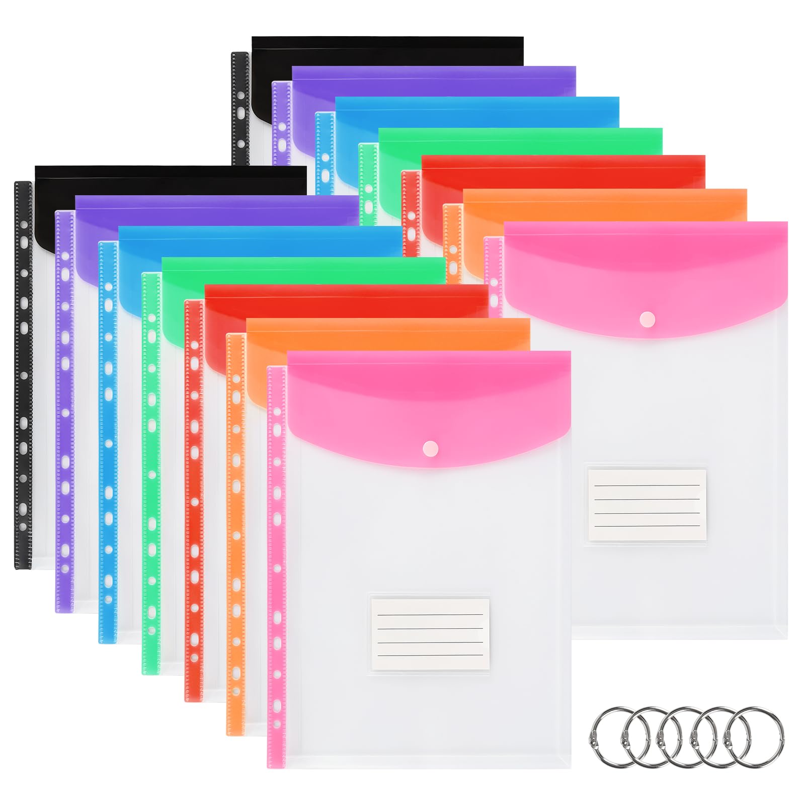 14 Pack A4 Punched Pockets, Plastic Wallets, 11 Holes Expandable Binder Folders for 2/3/4 Ring Document Pouch with Snap Button & Label Loose-Leaf Transparent for Office School Home (14 Pcs Vertical)