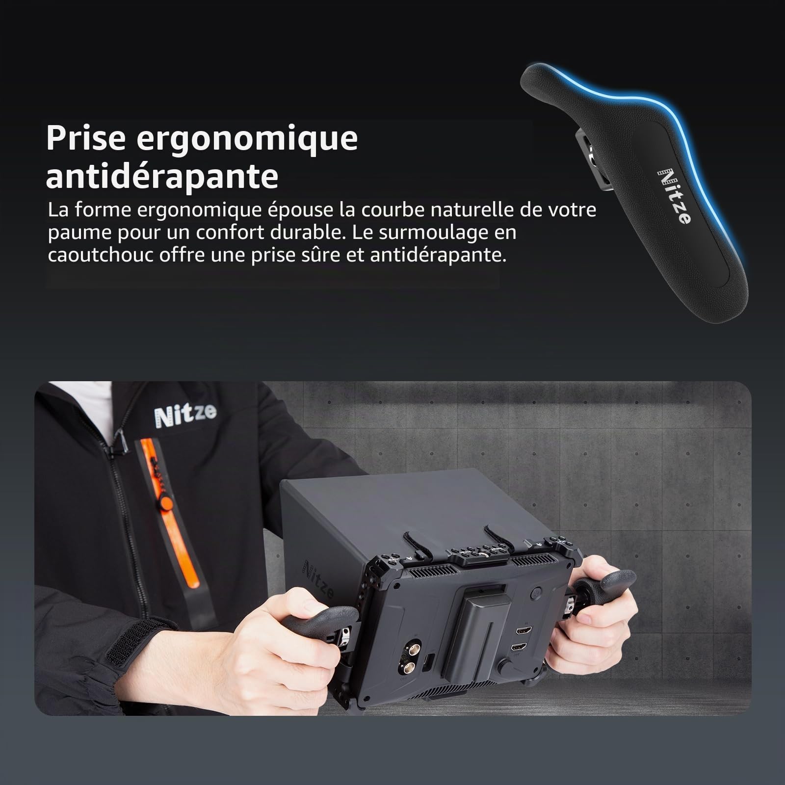 Nitze Poignée Latérale avec Vis 1/4" et Goupilles de Positionnement Rétractables, Réglable 360° pour Ipad, Moniteur et Cage Appareil Photo PA32D