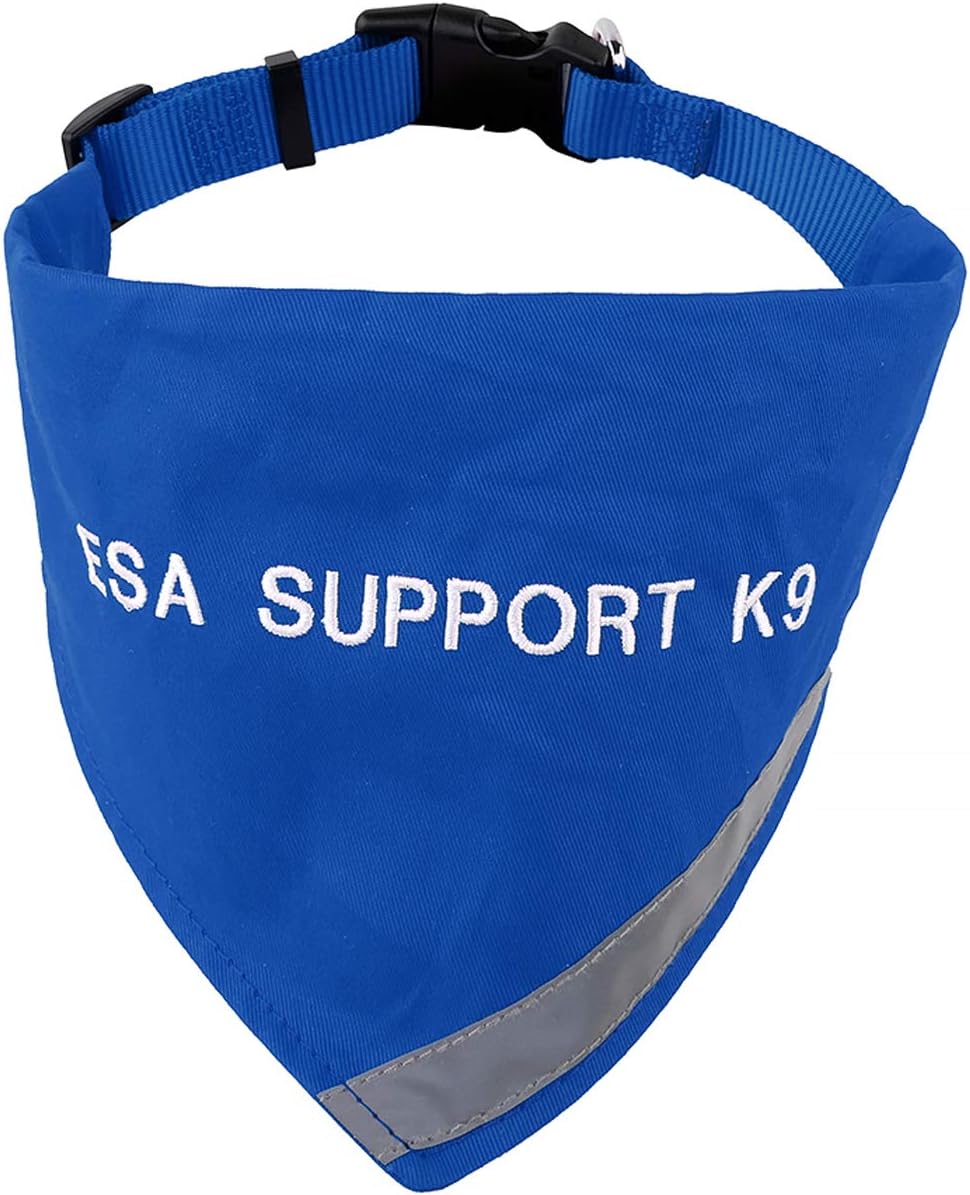 ESA Bandana with Reflective Strip for Dogs Safety at Night. Has Built in Matching Collar to Keep ESA Dog tag Secure | Metal Ring to Attach Leash | Four Colors (XS to Large) (Neck 8-12″, Blue)