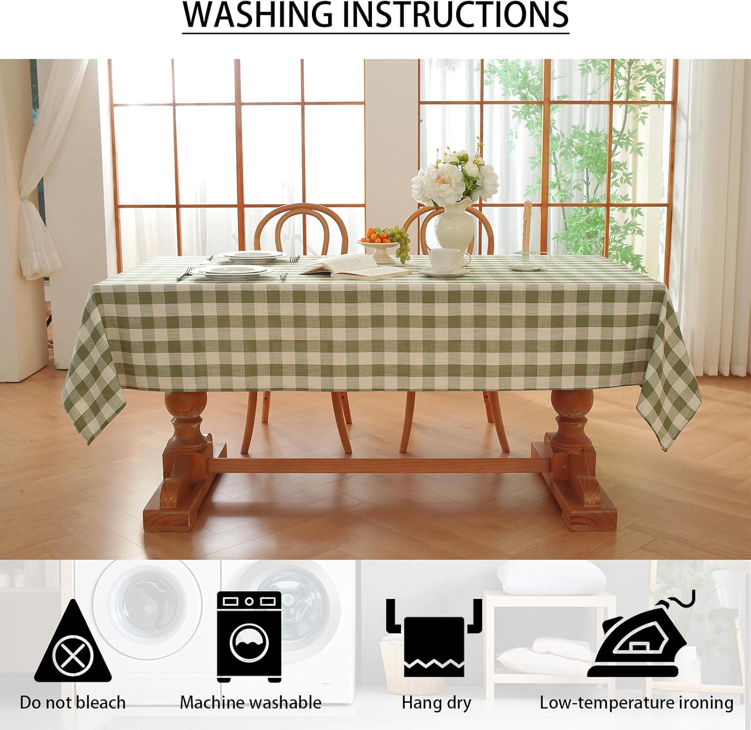 Gingham Tablecloth Rectangle Checkered Table Cloth Cotton Linen Fabric Wrinkle Free Washable Buffalo Plaid Table Cover for Kitchen Dining Picnic Camping, Green and White, 55 * 120 inch