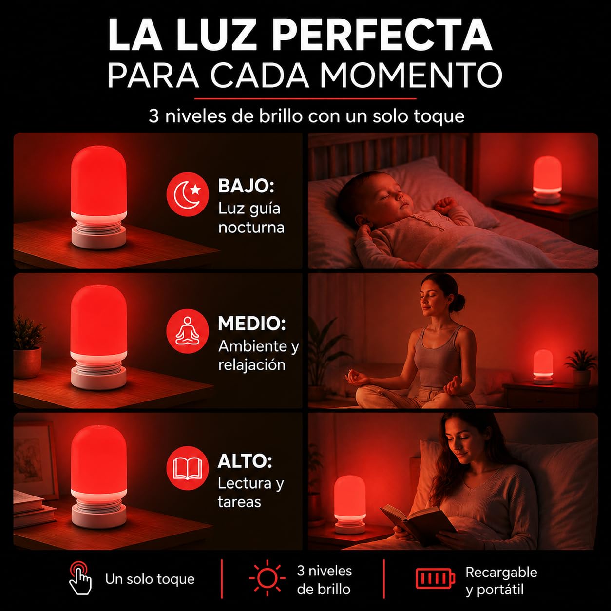 NXT - Lampara Luz Roja Nocturna Melatonina 625nm + EBOOK | Lampara Luz Roja Bebe y Adultos Para Dormir Mejor | Lámpara Luces Rojas Portátil Recargable USB | 3 Niveles de Brillo | Luces Rojas Nocturna