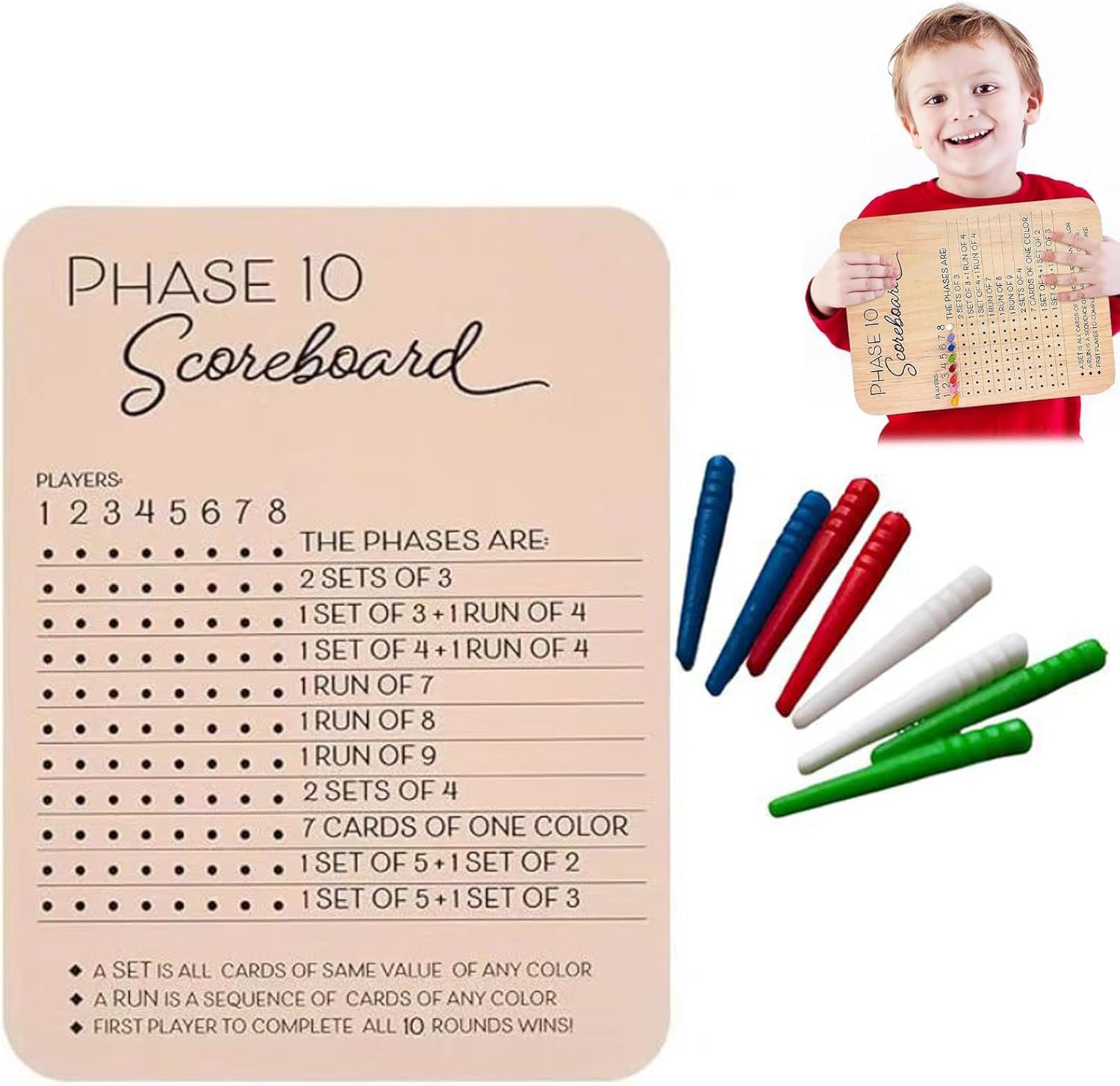 JISRKP Phase 10 Card Game, Phase 10 Scoreboard and Round Tracker with 8 Colored Pegs, Suitable for Classic Family Adults Board Card Games Night Fun Table Score Boards Party Accessories (1 Set)