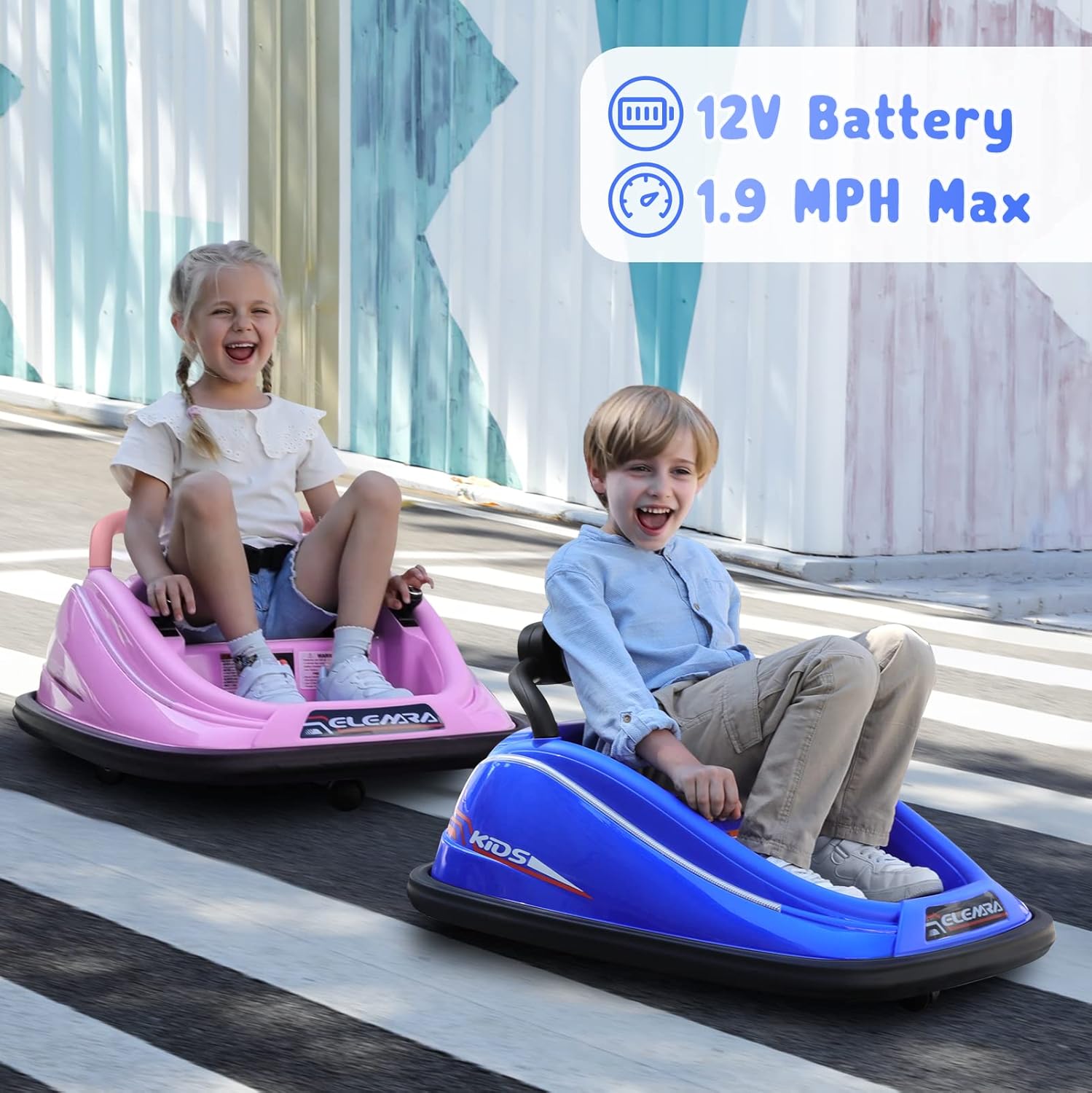 Two children riding bumper cars, with icons for 12V battery and 1.9 MPH max speed.