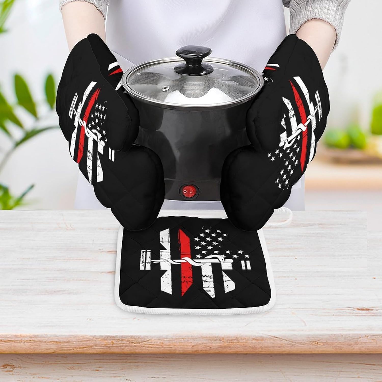 EMS Star of Life Print Oven Mitts and Pot Holders 3 Piece Sets Heat Resistant Gloves Hot Pads Potholders for Kitchen Baking Cooking