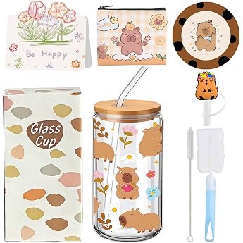 SORAYUXI Capybara Glass Set, Capybara Gifts for Girls, Pack of 8 | 500 ml Capybara Glass, Fine Coarse Brush, Straw, Coaster, 