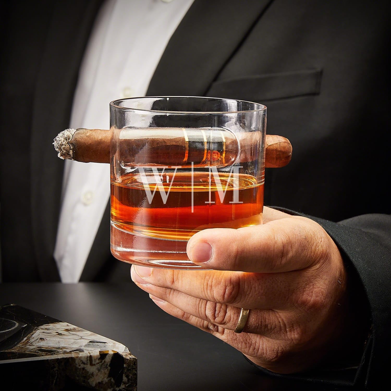 Personalized Cigar Glass and Cedar-Lined Leather Cigar Case - Whiskey and Cigar Holding Glass for Cigar Lovers