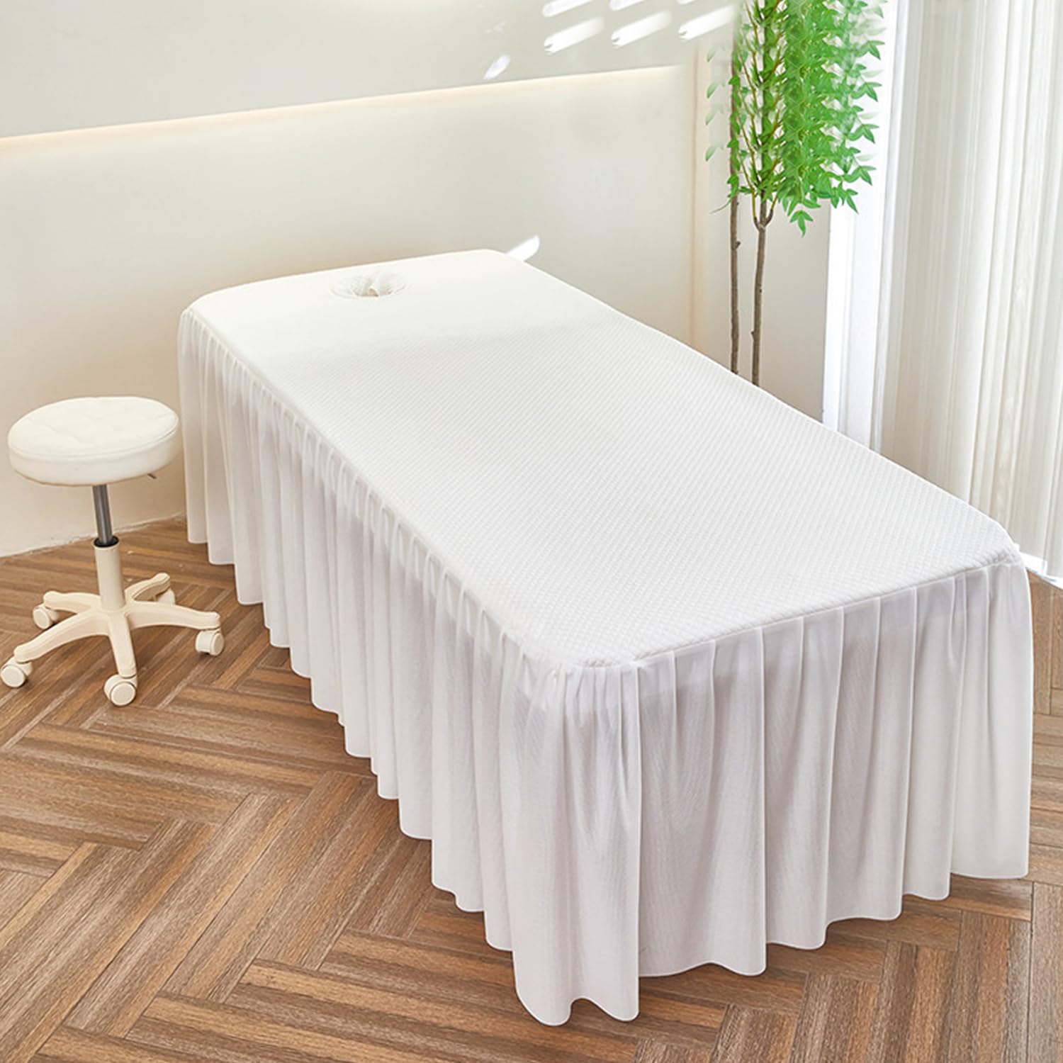 Spódnica stołowa z otworem na twarz – można prać w pralce, prześcieradło na łóżko z rzęsami, 80 x 190 cm, biała lniana narzuta do spa