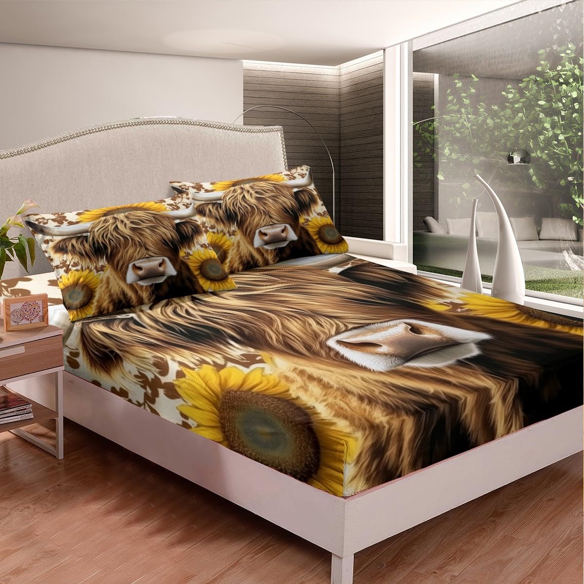 Rustic Yellow Sunflower Fitted Sheet,Full Size Farmhouse Cow Fur Print Collections,Highland Cattle Bedding Deep Pocket for Children Teens Young with 2 Pillowcases(No Flat Sheet)