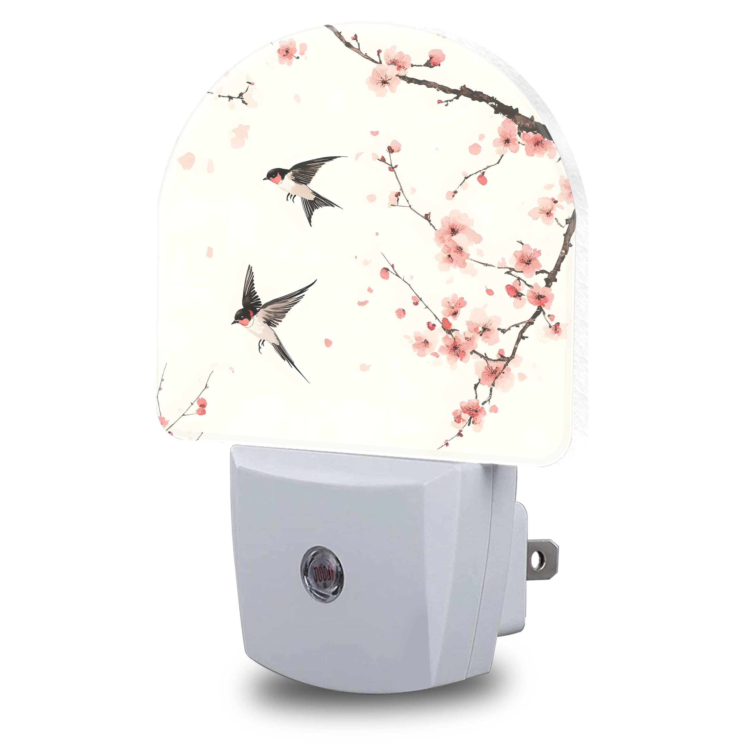 Night Light, Spring Bird and Peach Blossom Night Lights Plug into Wall Dusk to Dawn Sensor Round Nightlight for Women Men Energy Efficient Led Lamp 0.5W for Stairway Hallway Bedroom