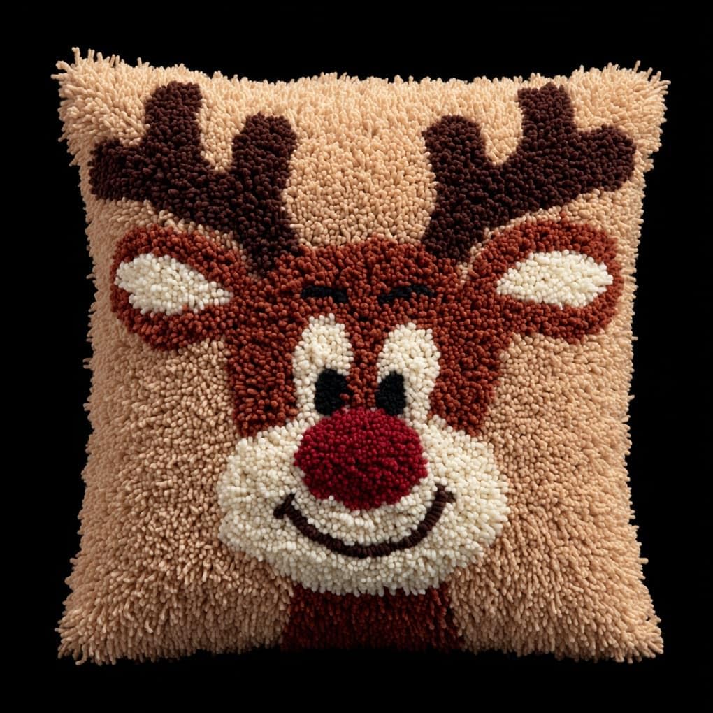 Henypt Latch Hook Craft Kit 17x17 Inch,Smiling Deer Complete Embroidery Cushion Kit,Creative Craft Stress Relief Handmade Gift for Beginners