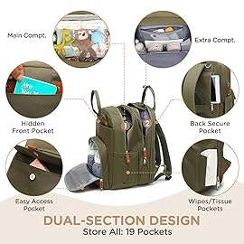 Qualyphant Large Diaper Bag Backpack for Two Kids Twins - Expandable Baby Bag (26-36L), Dual Big Compartments - Includes Changing Pad & Stroller Straps, Unisex Green